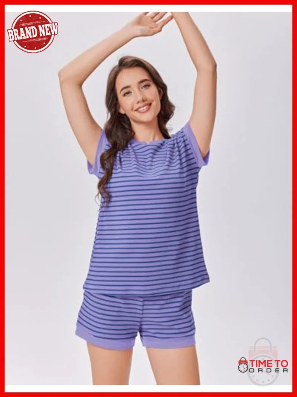 Waffle Knit 2 Piece Lounge Set - Striped T Shirt and Shorts Matching Set